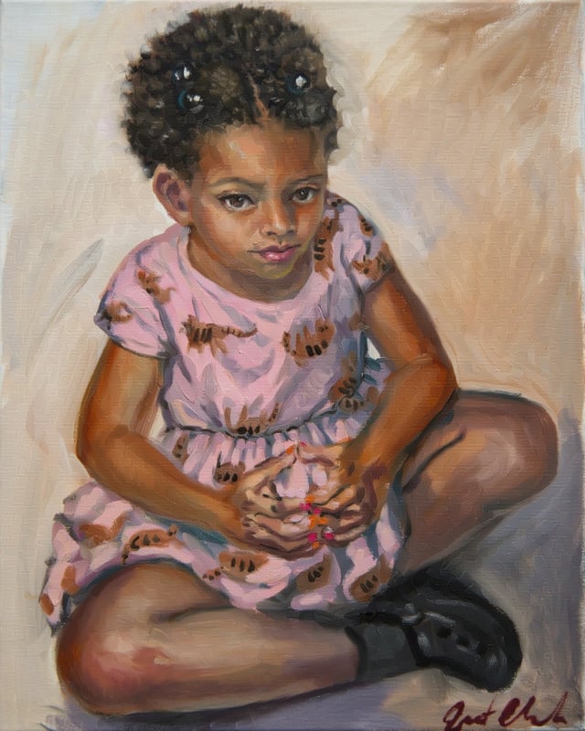little girl in a pink dress printed with brown cats, short brown hair in 2 bubble-bound puffs, sitting crosslegged below the viewer with fingers steepled, looking up and smiling a little sinisterly.