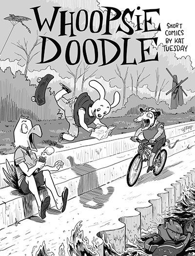 A rabbit is flying off her skateboard because she's too absorbed in her comic book, while other creatures look on in horror