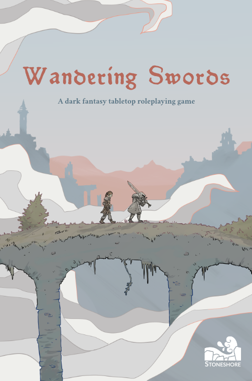 The cover of Wandering Swords. Two figures cross a ruined bridge covered in foliage. Mist swirls around them, and ruins and mountains loom in the background.