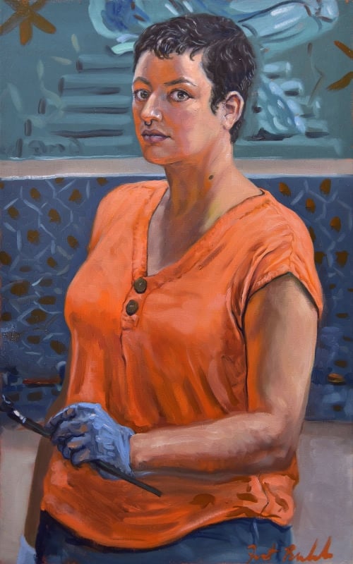 Realistic painting of a white woman in 3/4 view from the waist up, with dark hair in a pixie cut and a bright orange blouse with a black septum ring, wearing a bright blue glove and holding a paintbrush, in front of blue Lunoids. Her eyes are wide open.