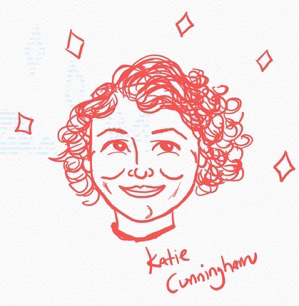 a sketch of Katie Cunningham, a woman looking up with curly hair, smiling with cartoon sparkles around her face