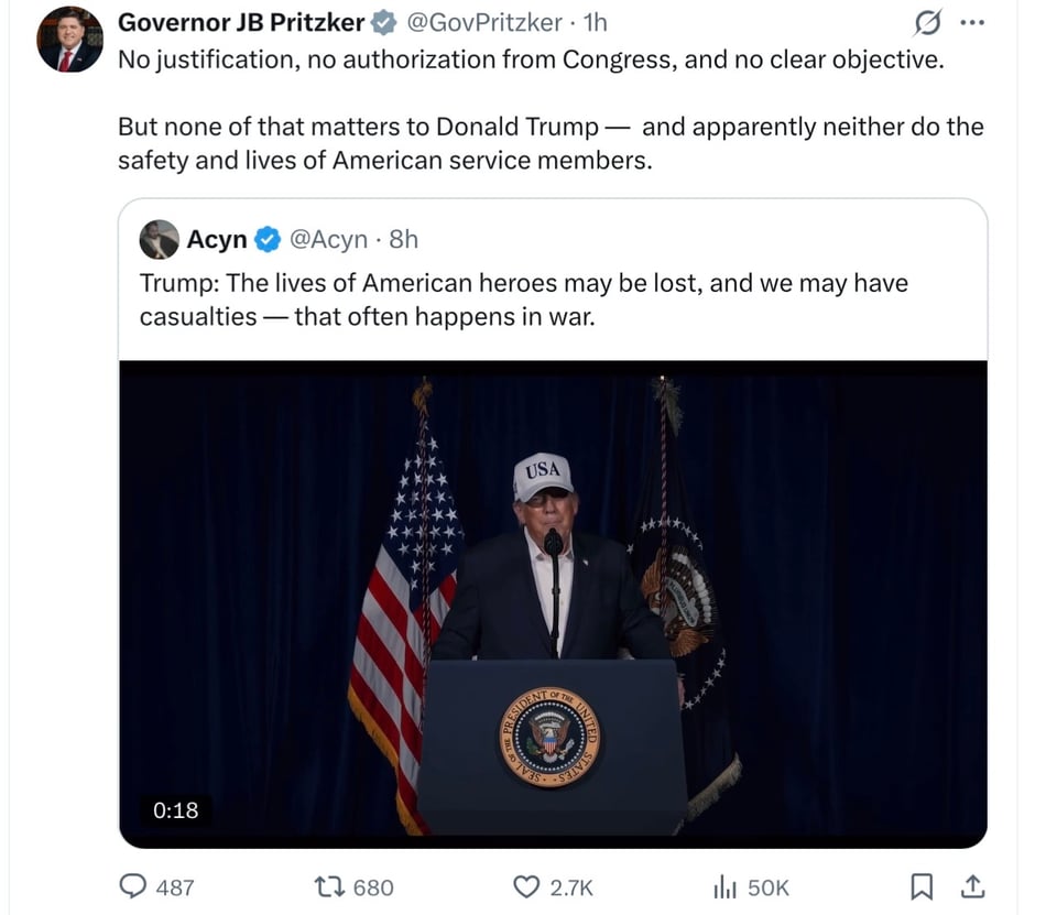 Governor Pritzker on Trump’s illegal attack on Iran