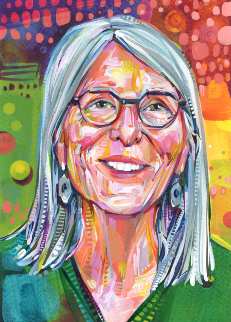 painted portrait of a smiling white woman with long grey hair and glasses
