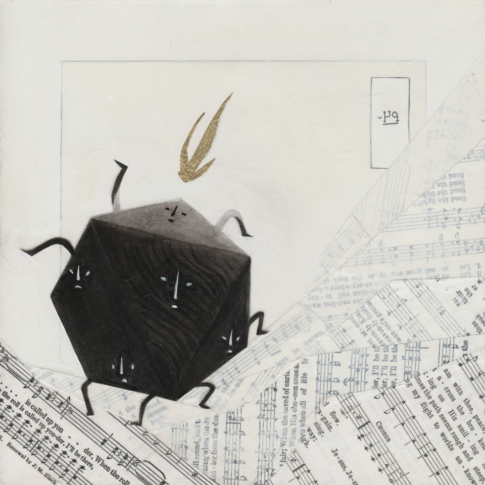 A geometric, many-faced, many-legged entity struggles to climb a hill composed of sheet music collage. Gilded fire floats above them, and the scene is labeled in Wormrōte 'Again'.