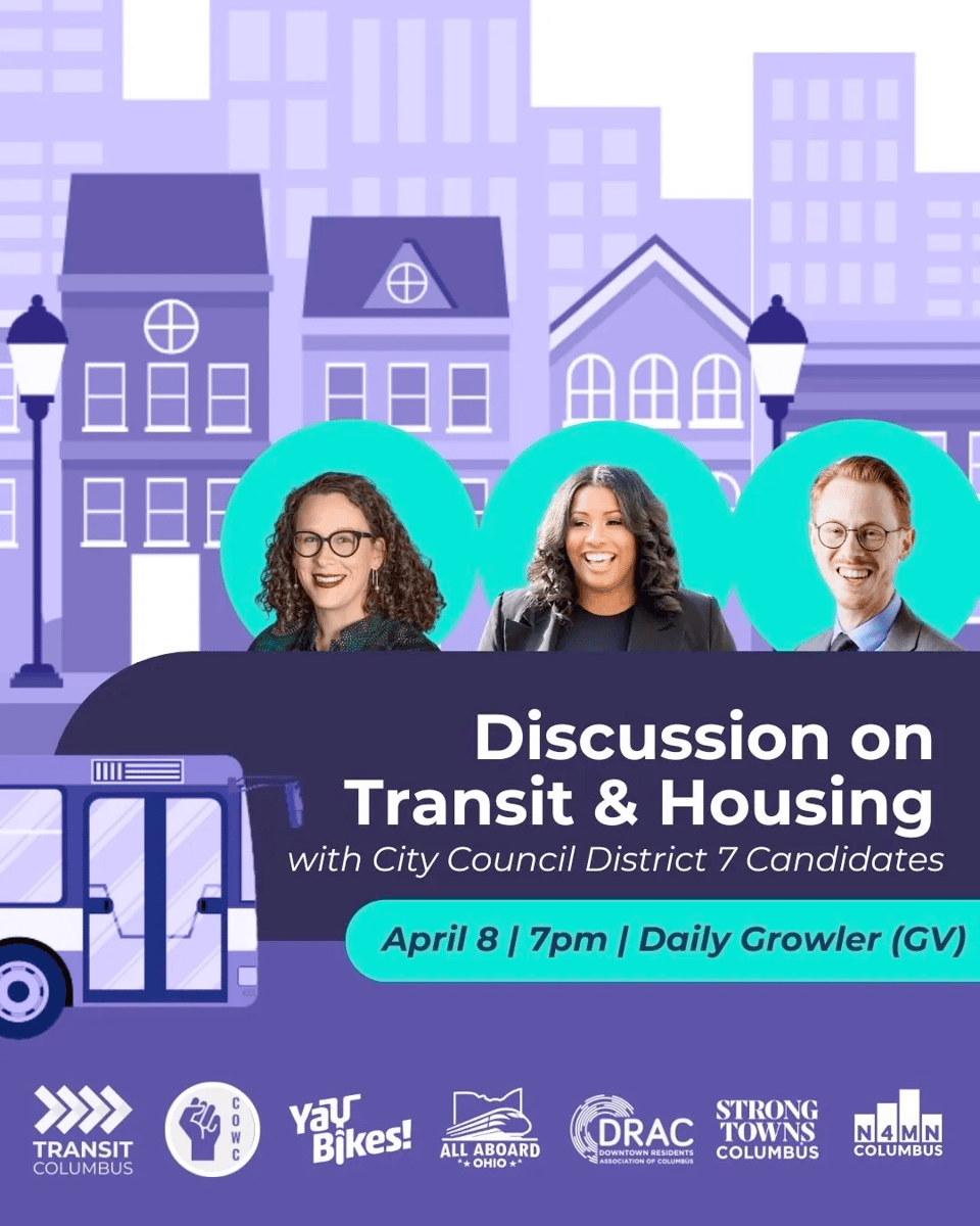 A promotional graphic for an event titled "Discussion on Transit & Housing with City Council District 7 Candidates." The background features an illustration of a cityscape with purple-toned buildings and streetlights. Three candidates' headshots are displayed in circular cutouts with teal backgrounds. Below, a stylized illustration of a transit bus appears next to the event details: "April 8 | 7pm | Daily Growler (GV)." Logos of various sponsoring organizations, including Transit Columbus, Yay Bikes!, COWC, All Aboard Ohio, DRAC, N4MN, Strong Towns Columbus, are aligned at the bottom.