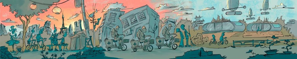 In this interactive artwork we explore how a city like Tokyo can strengthen its disaster resilience through community participation, with bicycles serving as a practical and accessible tool for post-disaster support.
The composition is structured as a timeline, illustrating a progression from present-day capabilities (left) to potential future innovations (right).