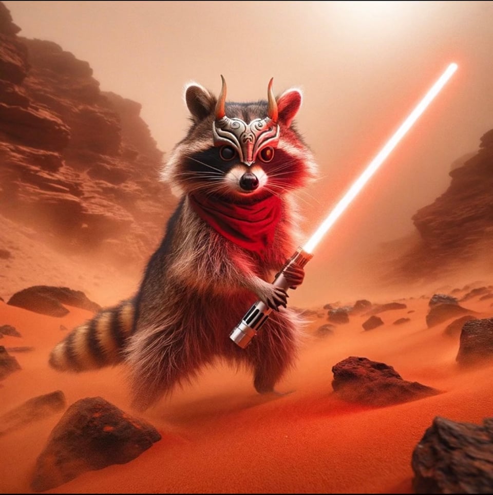 Image of a raccoon holding a lightsaber on Mars. Created with ChatGPT