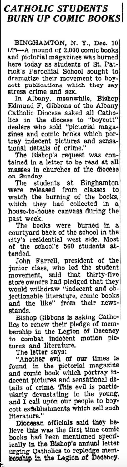 New York Times story about a comics burning in Binghamton, New York, at a local Catholic school.