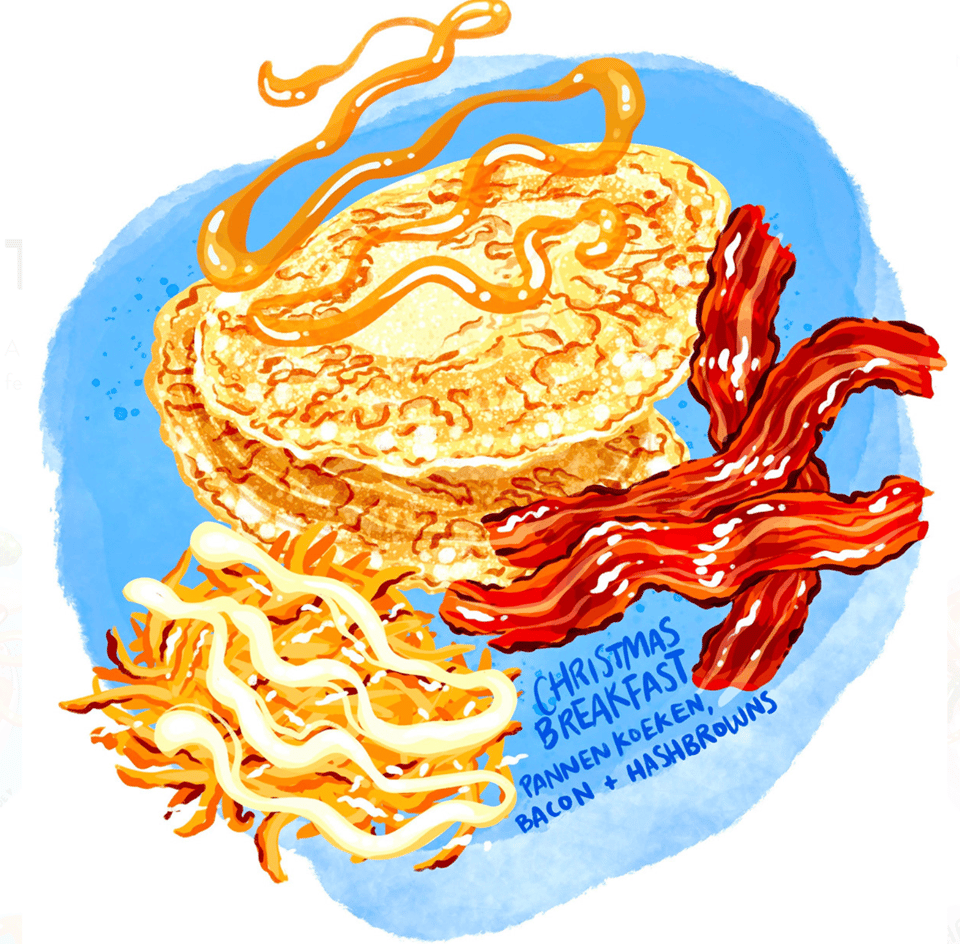 A colorful illustration of Dutch pancakes, bacon and cheesy hash browns