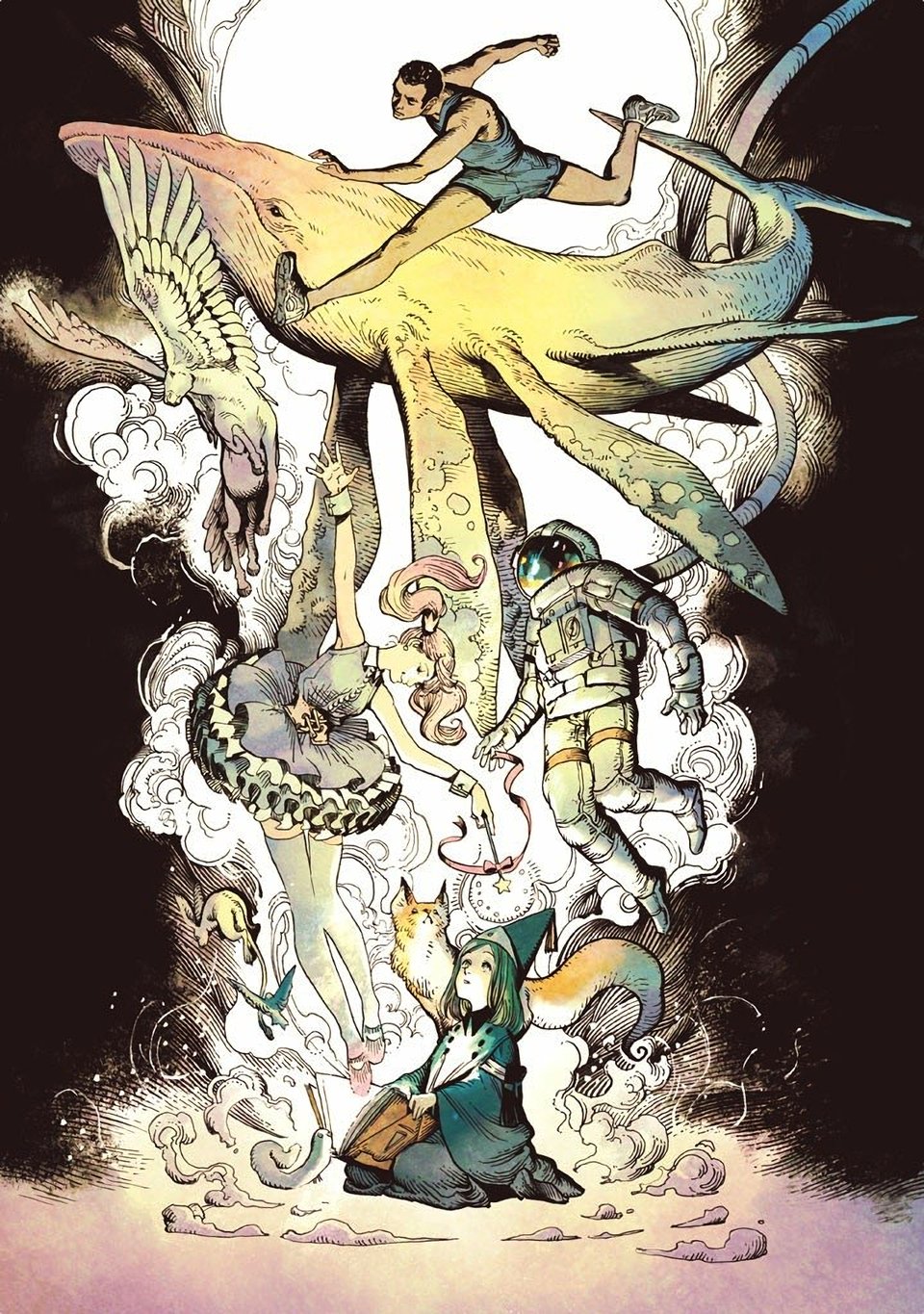 A stunning depiction of an athlete, whale, winged horse, astronaut, pop starlet, and several animals emerging in a cloud of vapor from a book held by Coco from Witch Hat Atelier. Brush Buddy is also present, leaning on the book itself.