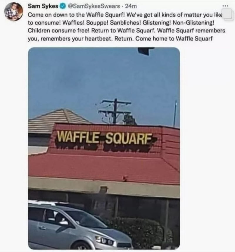 Sam Sykes: Come on down to the Waffle Squarf! We've got all kinds of matter you like to consume! Waffles! Souppe! Sanbliches! Glistening! Non-Glistening! Children consume free! Return to Waffle Squarf. Waffle Squarf remembers you, remembers your heartbeat. Return. Come home to Waffle Squarf