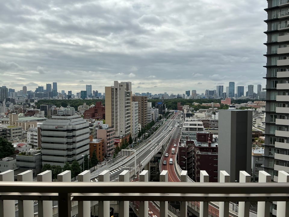 from a balcony, part of the Tokyo skyline under gray clouds.