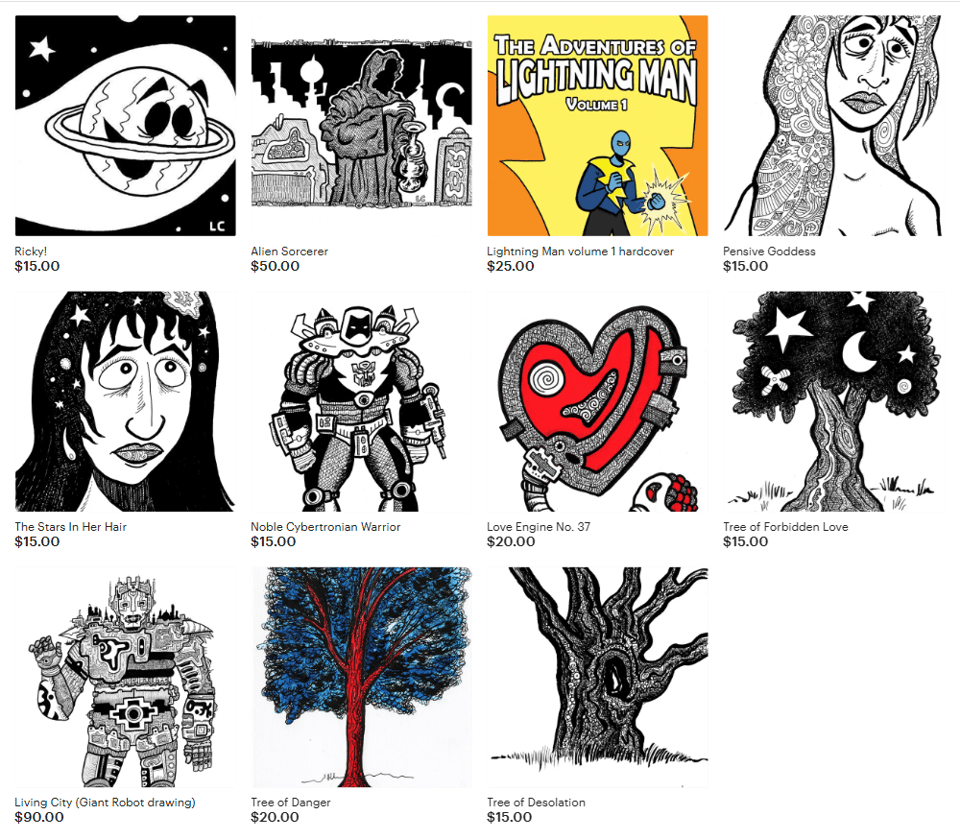 A screenshot of my Etsy shop, with 11 thumbnails of what's for sale. There's trees, robots, faces, and more.