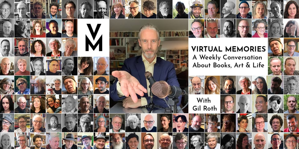 Banner for Virtual Memories Show podcast, featuring small headshots of several dozen guests and an image of the show's host seated before a microphone, gesturing for the viewer to sit down and talk