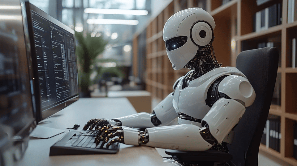 Robot at computer in library