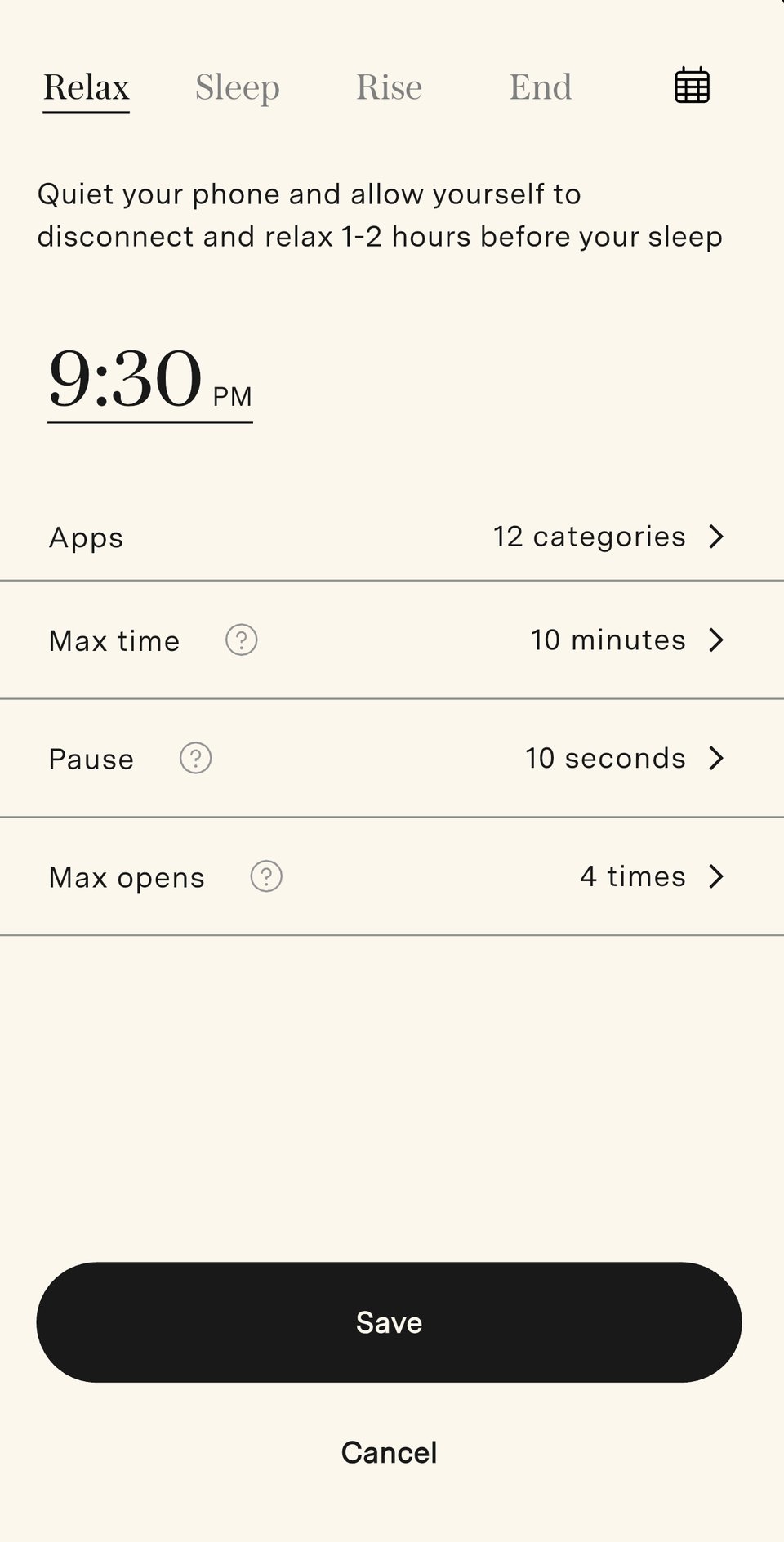 A screenshot of the Loftie app's Relax settings, which start at 9:30pm for Andrea.
