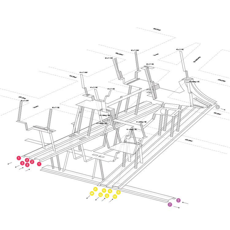 A line drawing of the platforms in a subway station and the stairs connecting them. It is very complex and thus, at first, hard to know what you're looking at.