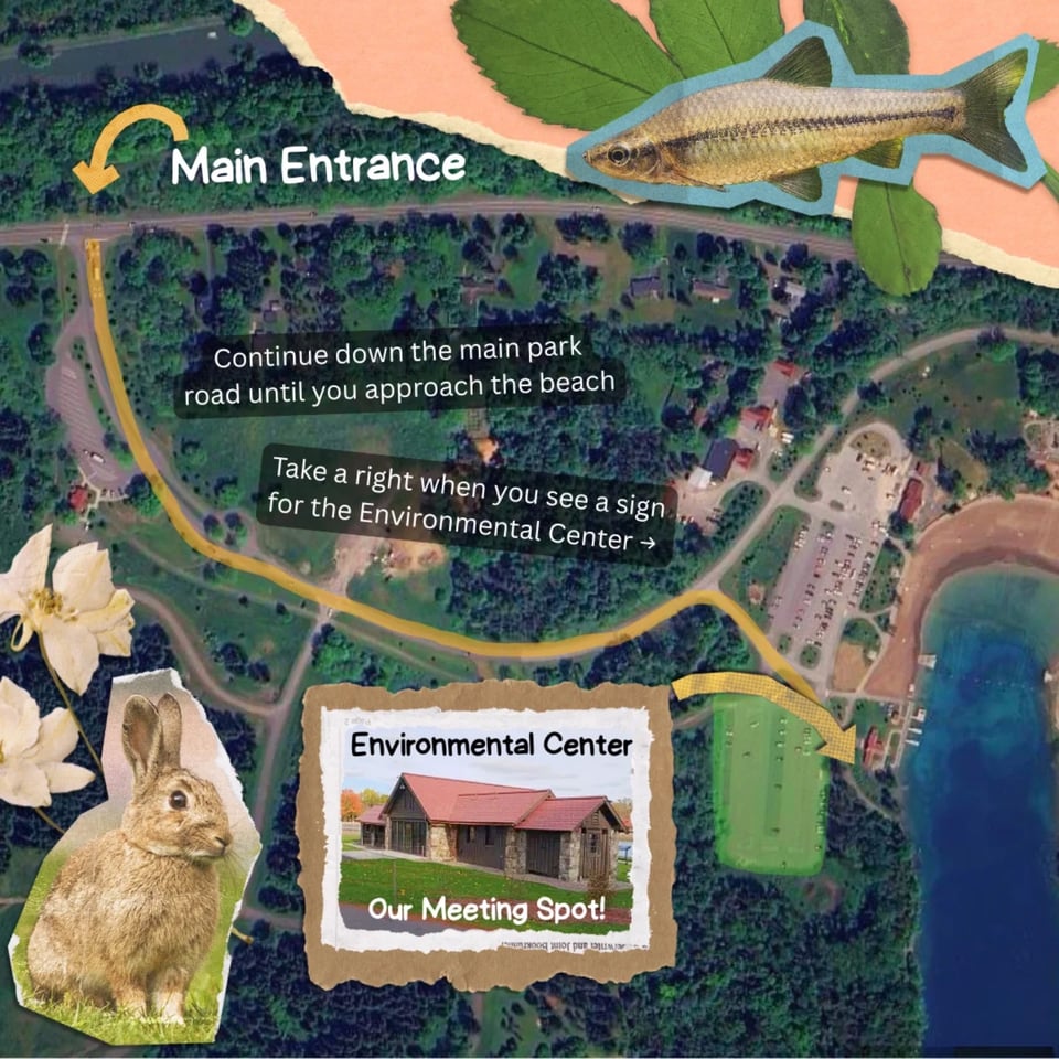 Continue down the main park road until you approach the beach Take a right when you see a sign for the Environmental Center with a right arrow