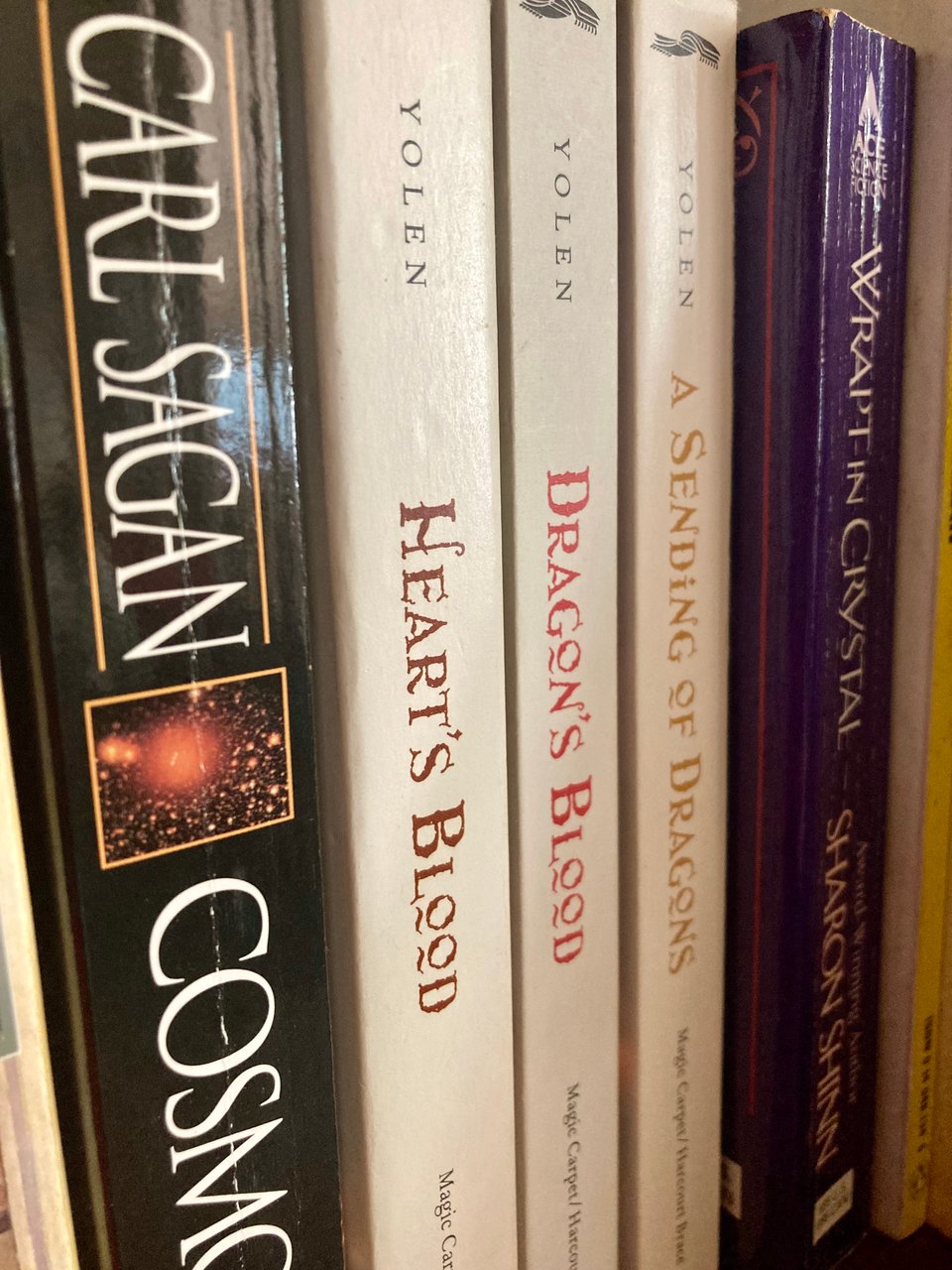 the first three Pit Dragon books on a shelf, sandwiched between Carl Sagan's Cosmos and Sharon Shinn's Wrapt in Crystal.