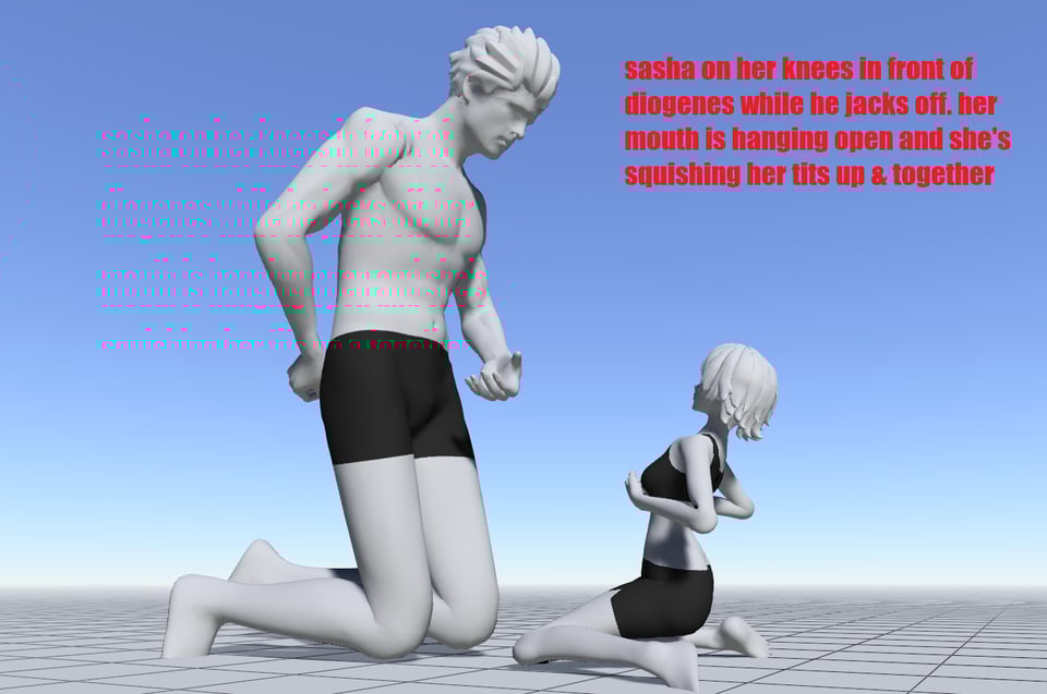 two 3D models - a very large male model and a smaller female model. the male model is pantomiming jacking off onto the female model