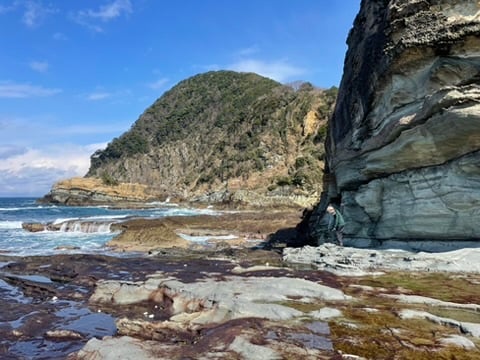 Tidepools at the bottom of the cliff. In the distance, a person is hopping the rocks to the tide pool path.