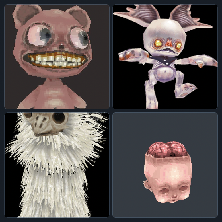 Four retro-style monsters, including a creepy teddy bear with a large smile, a little goblin with glowing yellow eyes, a furry creature with a bird-like mask, and a baby doll head with an exposed brain