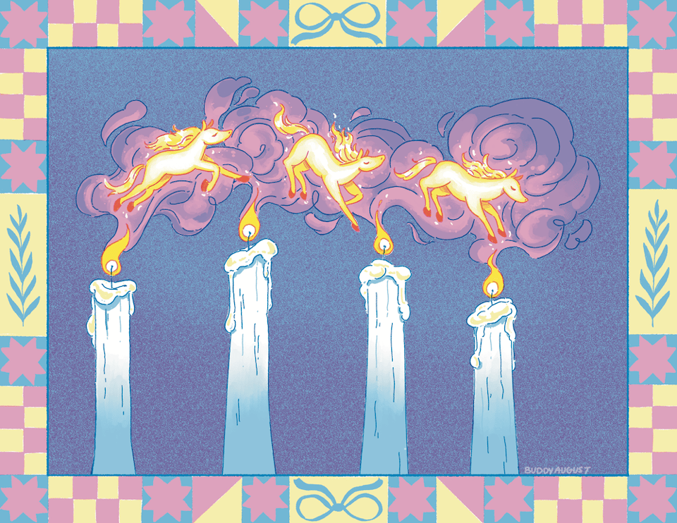 three horses jump between the fire of four candles. the border resembles the pattern of a quilt