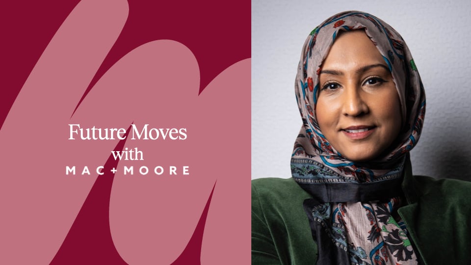 Sajeeda Merali, CEO of the PPA is pictured in a hijab with the words future moves with mac moore