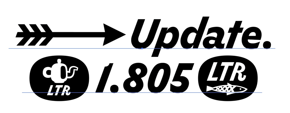 Image from the Releases page on LettError.com. It says: Update 1.805 and is flanked by a teapot and fish.