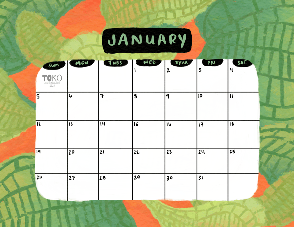 January 2025 calendar with a green and bright red-orange soapbush illustrated background