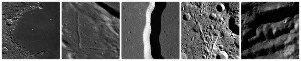 A series of five black-and-white lunar surface photographs showing diverse terrain. From left to right: a smooth dark mare with crater edges, a section with intersecting ridges, a sharply defined rille, a densely cratered highland region, and a close-up of ridged, shadowed formations. Each one in is the shape of a letter, and the letters are C, L, I, V, and E.