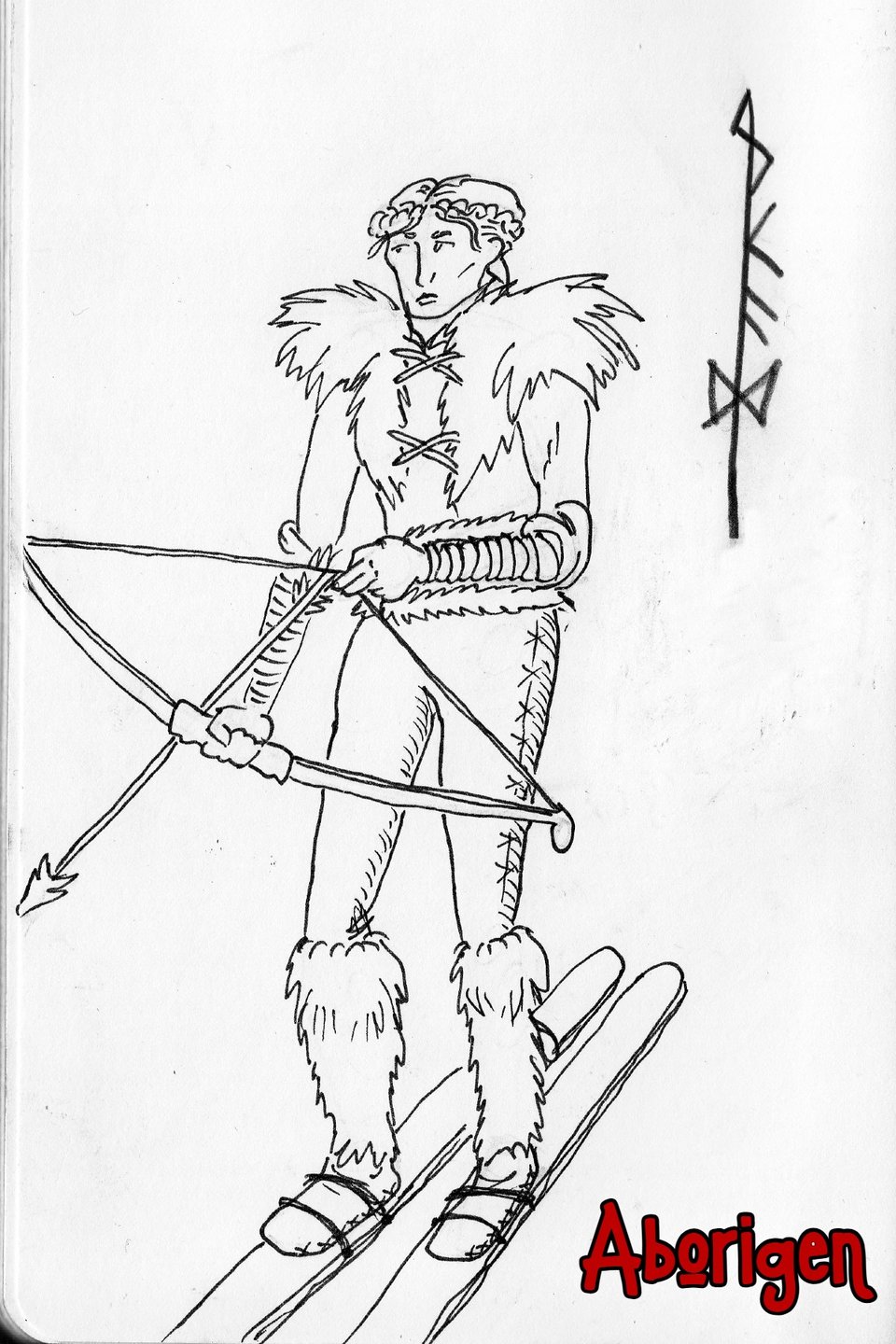 My crappy hand-drawn illustration of Skaði, nocking a bow and standing on skis.