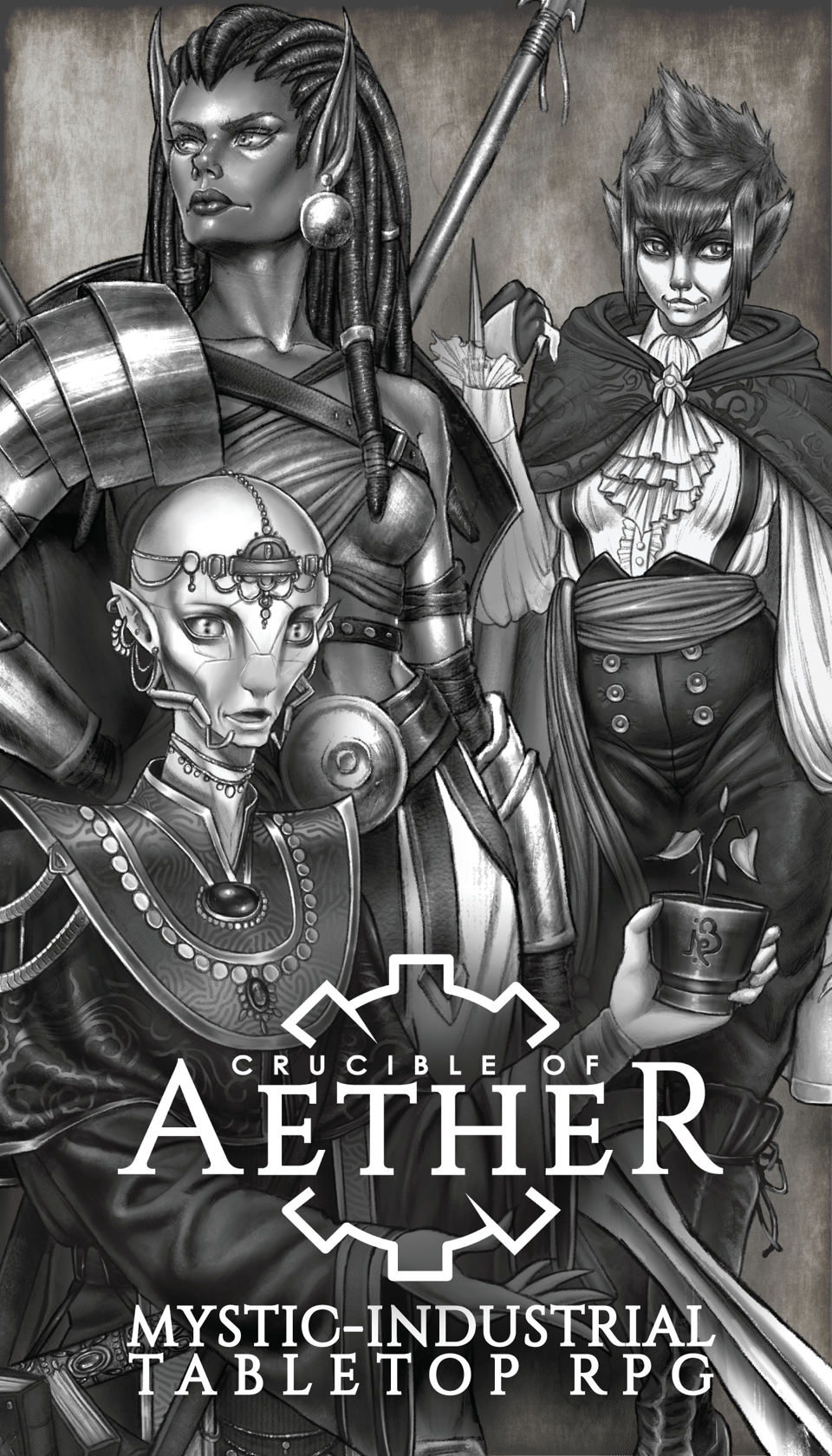 An image depicts three characters from TTRPG Crucible of Aether