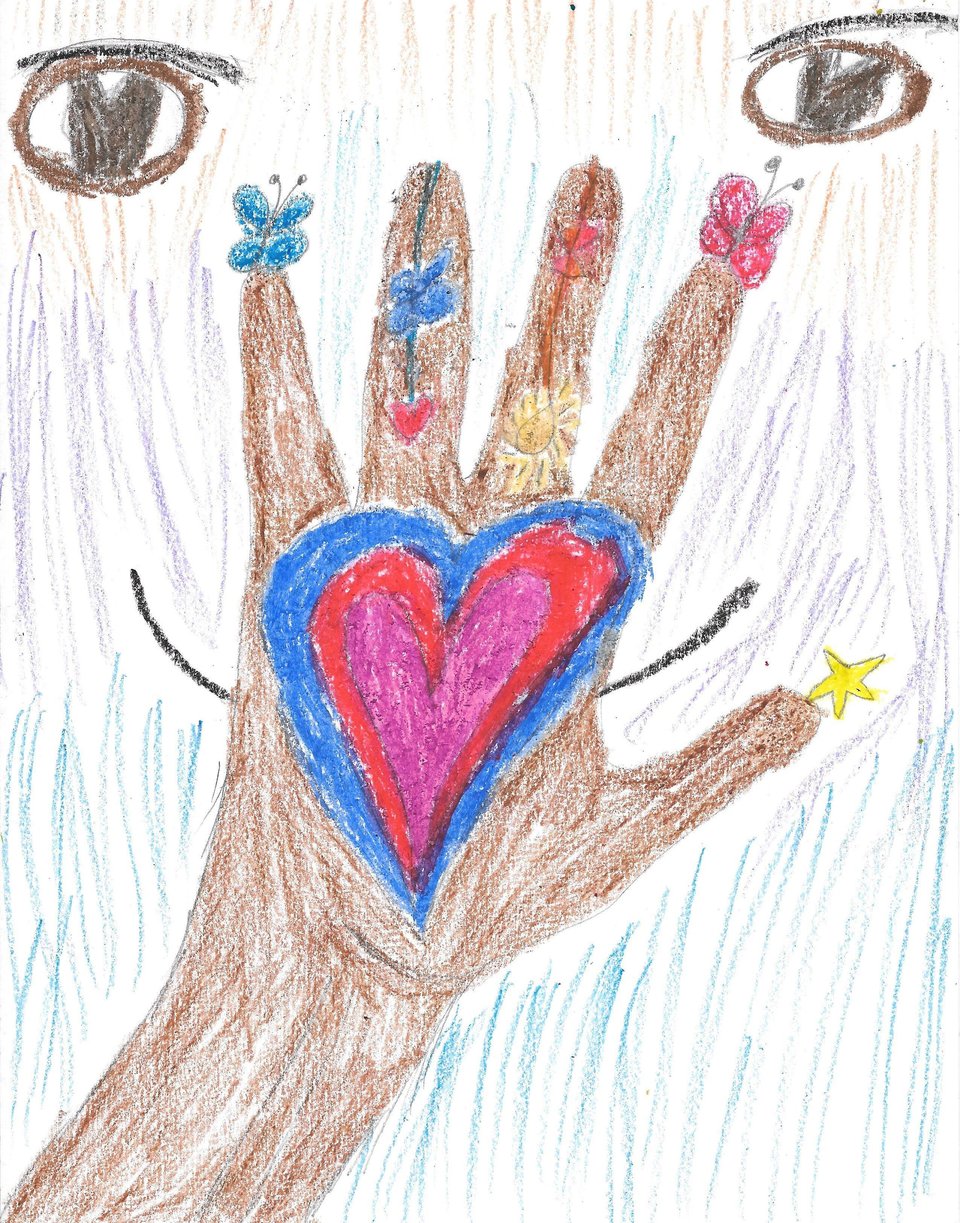 A brown hand with a heart shape is in the center of this drawing, and a human smile is behind it with dark eyes gazing at you. The heart is colorful and butterflies are on the fingertips.
