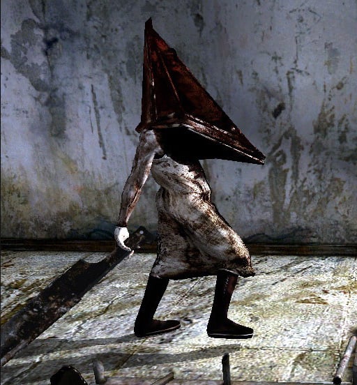 A man with a rusty red triangle helmet, a bloodied smock, and a giant blade dragging along the ground behind him