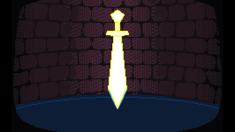 Pixel art of levitating sword floating above water in a castle