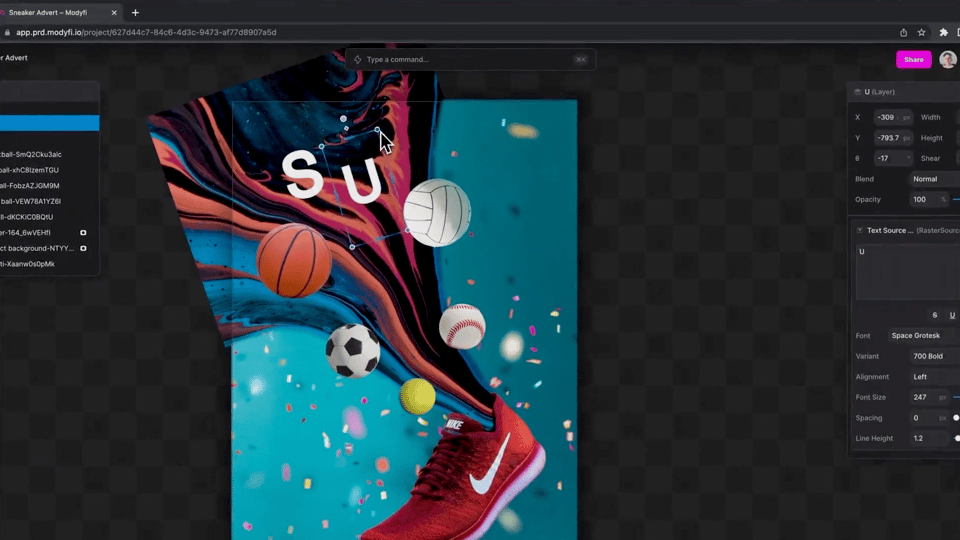 Screenshot of Modyfi UI showing a sneaker ad