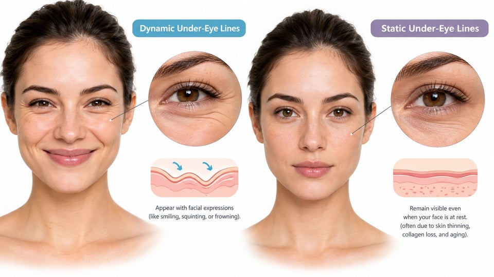 A comparison image illustrating the difference between dynamic and static under-eye lines on a woman's face.