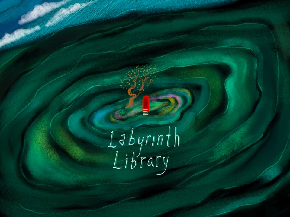labyrinth library illustration with tree and red door in the center