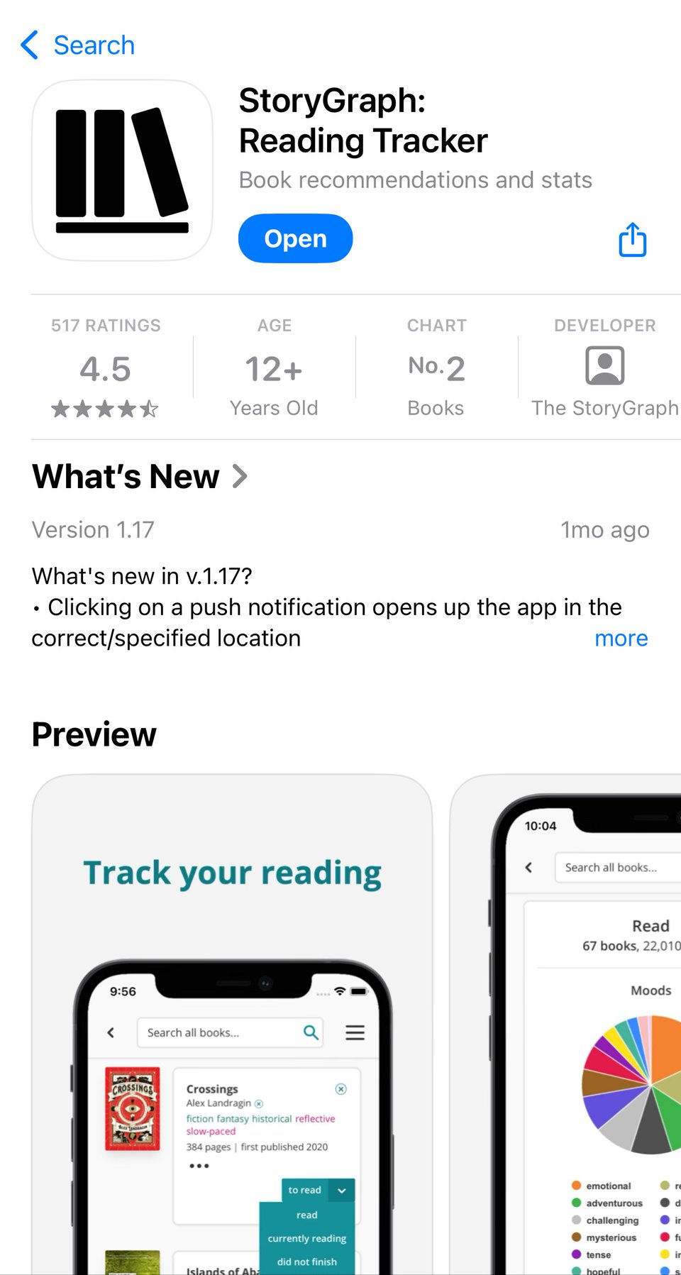 Screenshot of The StoryGraph app in the UK App Store. At the top of the page, the app is listed as "Number 2" in the Books chart.