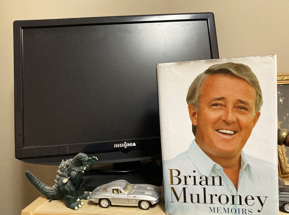 Brian Mulroney’s memoir in my office (alongside Godzilla and a ’63 Sting Ray). The book is as thick as a brick.