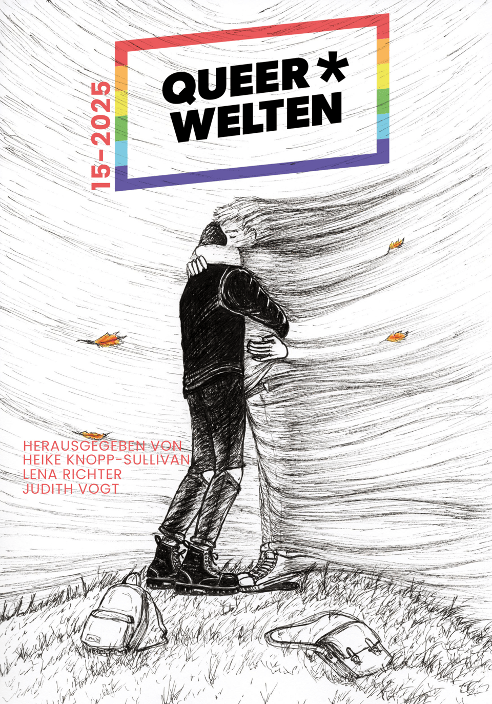 Das Cover der neuen Queer*Welten zeigt eine Zeichnung, auf der sich zwei Jungs / männlich gelesene Teenager umarmen, ihre Taschen liegen im Gras. Der eine trägt Stiefel, zerrissene Hose, Pulli in schwarz, der andere löst sich in Wind auf. Das einzig Bunte im Bild sind einige orange-rote Blätter, die im Wind treiben.