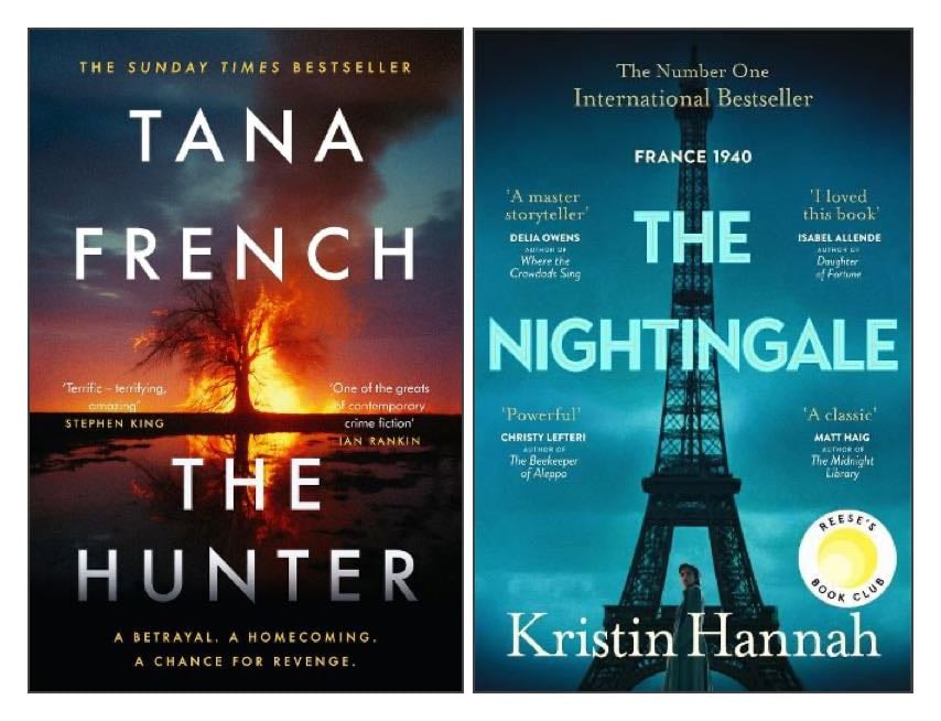 The covers of two books: The Hunter by Tana French and The Nightingale by Kristin Hannah