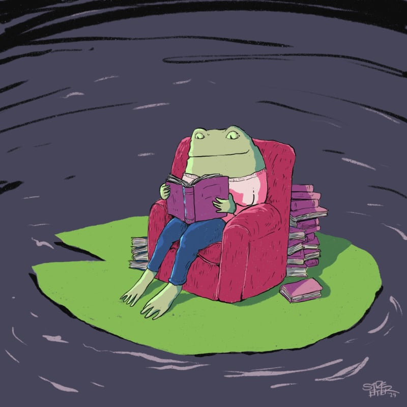 Illustration of a contented frog reading books on a lily pad in a comfy chair