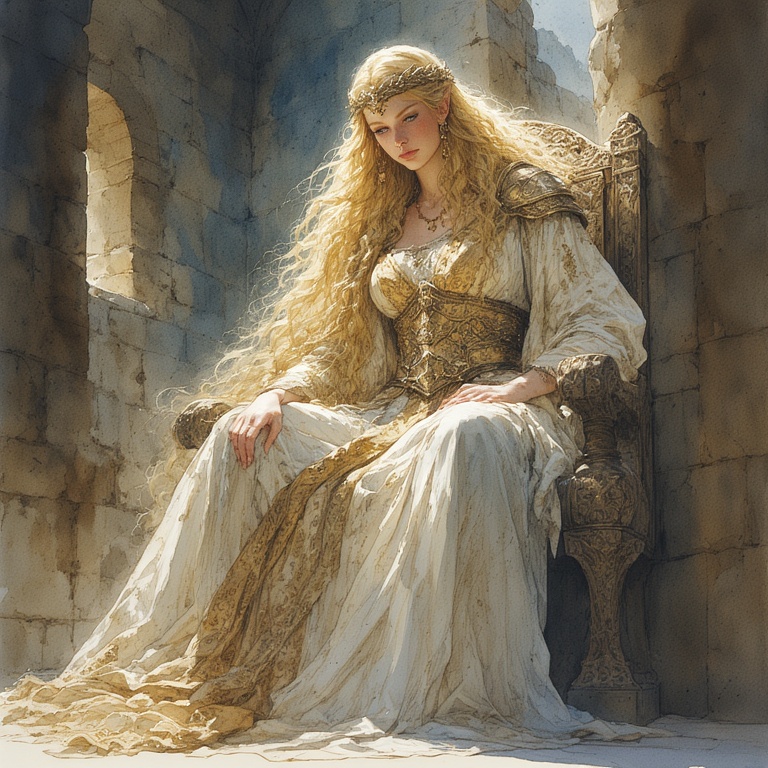 A beautiful giantess dressed in white robes and gold trim. She sits in a massive carved throne, her head tilted thoughtfully downward, in a massive masoned castle room.