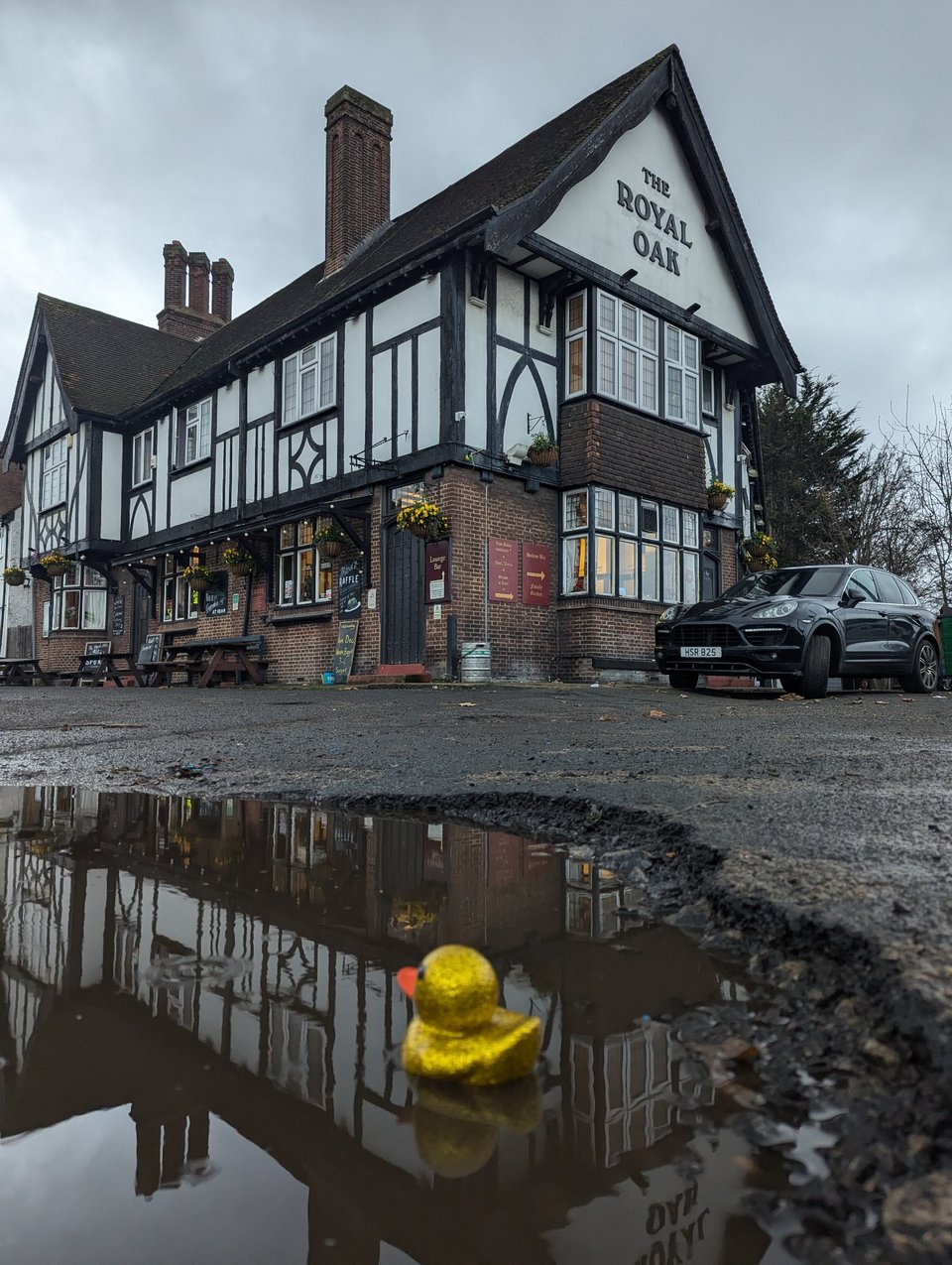 A sparkling rubber duck sits in the frankly enormous puddle in my pub car park I call Lake Erith