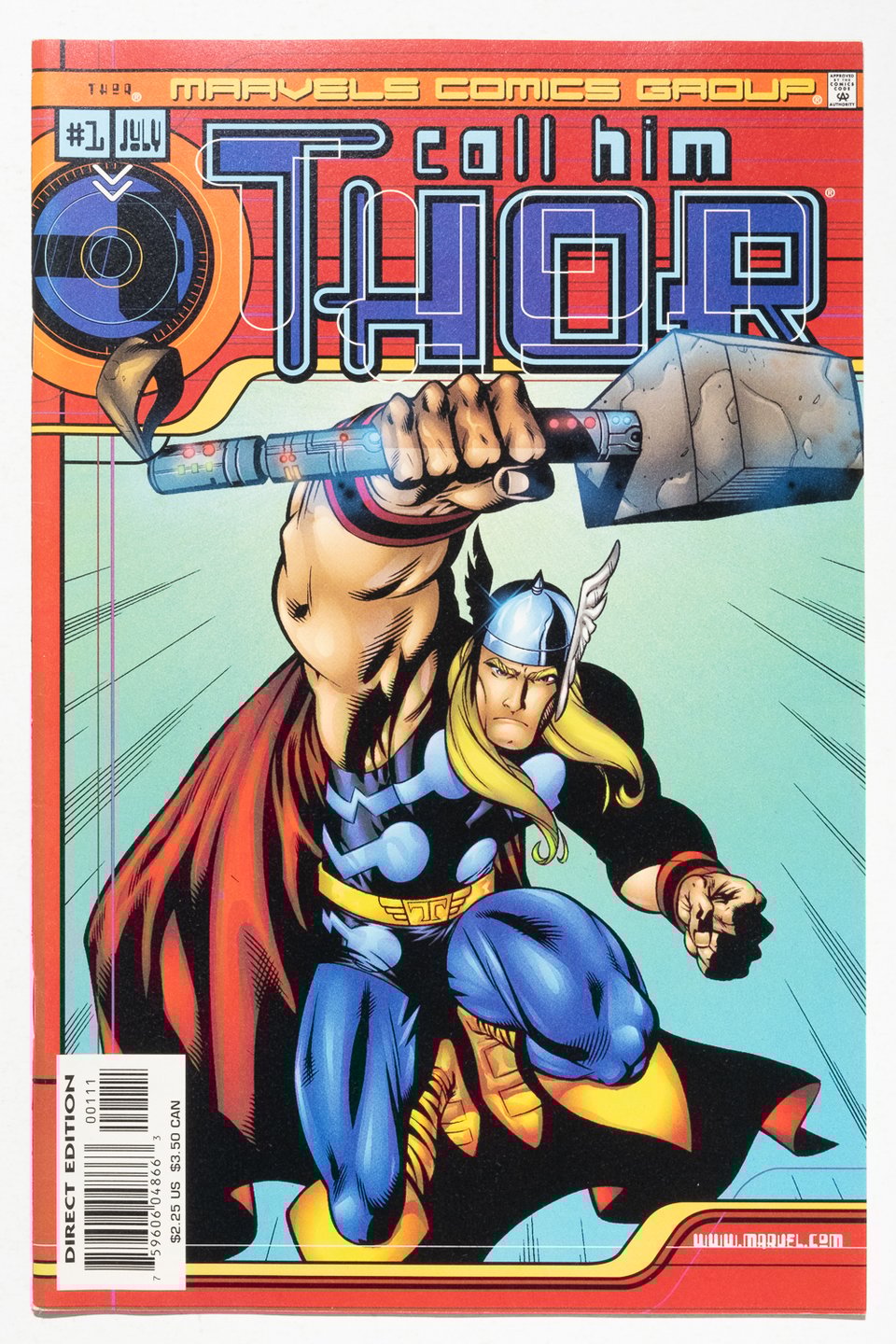 the cover of "Call Him Thor" a Marvels Comic Group one-shot. Thor is holding his hammer aloft and staring at the reader. His hammer looks more high tech than magical