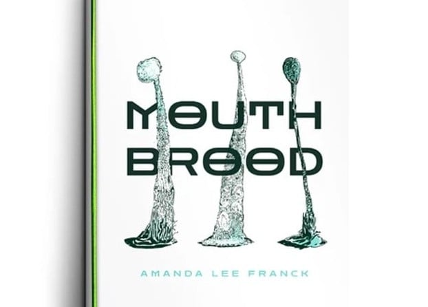 The cover of advanture module 'Mouth Brood' by Amanda Lee Franck, which is quite minimal: only the title and the author's name in a sleek typeface and three shoots of antennae-like flora.
