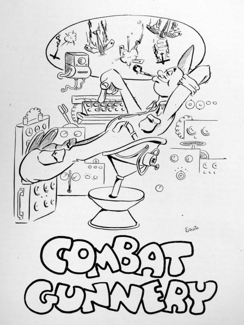 a very relaxed and chill combat gunner smokes a pipe and relaxes on a chair, pressing a button on his huge computer while through the window several enemy fighters fall in flames.