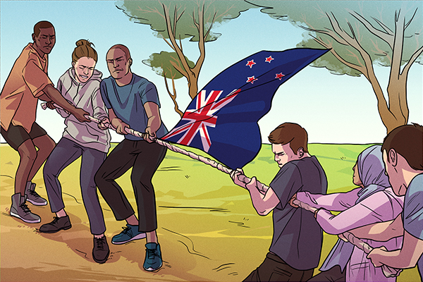 Two sets of three people in a tug of war over a New Zealand flag